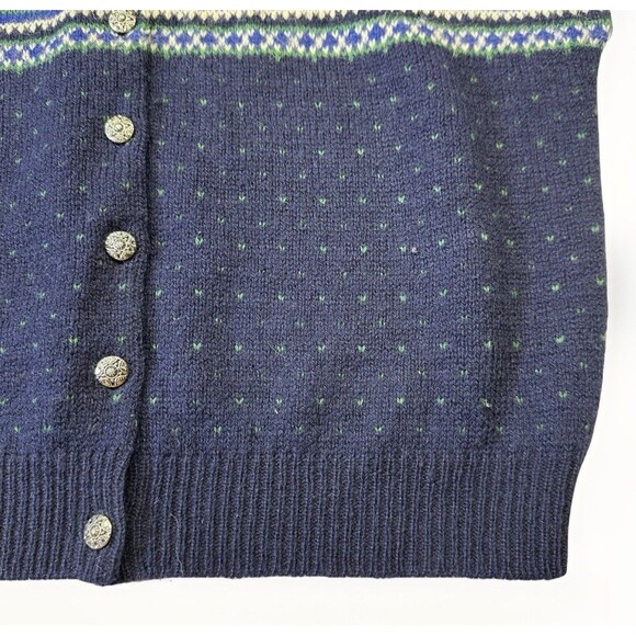 Vintage L.L.Bean Shetland Wool Cardigan XL Navy Fair Isle Button Front Hong Kong - Picture 2 of 5